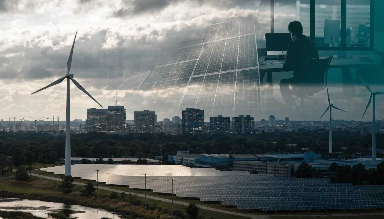 Infrastructure énergétique française en transition avec panneaux solaires et éoliennes