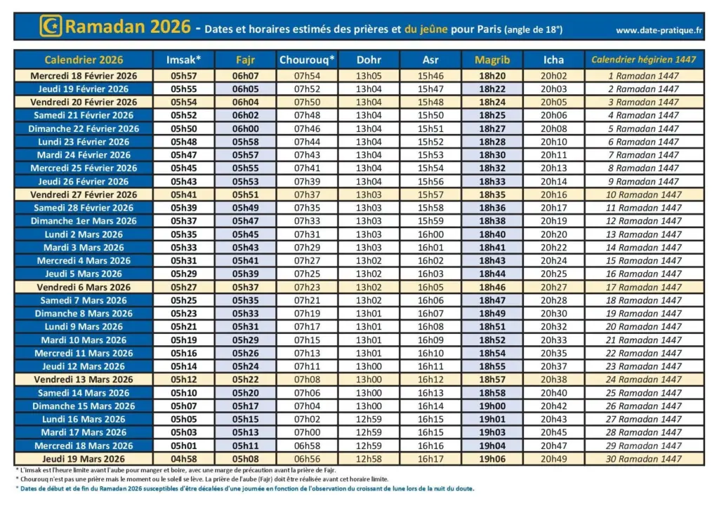 Horaires d’imsak, d’iftar et de tarawih pour organiser le Ramadan.